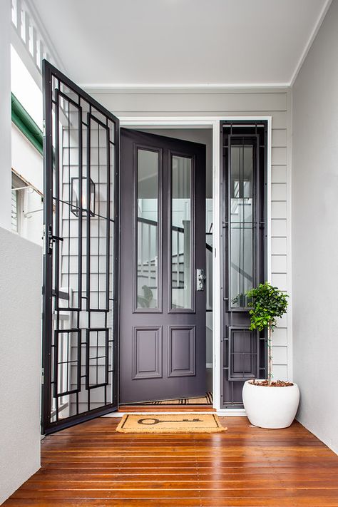 Hamptons Homes - Specialist Brisbane Builder | evermore Black Entrance, Hamptons House Exterior, Hampton Homes, Hamptons Homes, Security Screen Door, Best Front Doors, House Gate, Front Door Entrance, House Front Door