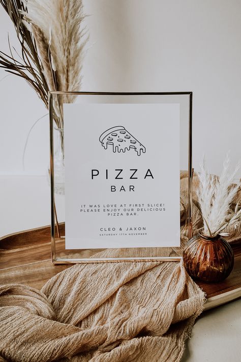 Pizza Bar Canva Wedding Sign Template - Edit at home and print Pizza Bar Rehearsal Dinner, Pizza And Salad Bar Wedding, Wedding Pizza Sign, Pizza At Wedding Reception Ideas, Pizza Table Wedding, Pizza Bar Wedding Receptions, Wedding Pizza Truck, Pizza Oven Wedding, Pizza Bar At Wedding