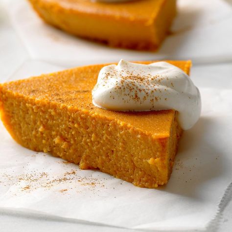 Baked in a water bath, this pie has a texture that's more like a custard than a traditional pumpkin pie. In place of canned or fresh pumpkin, I sometimes use cushaw, a type of crookneck squash. No Crust Pumpkin Pie, Pumpkin Pie Crust Recipe, No Crust Quiche, Crustless Pie, Impossible Pumpkin Pie, Crustless Pumpkin Pie Recipe, Pumpkin Pie Crust, Flourless Desserts, Crookneck Squash