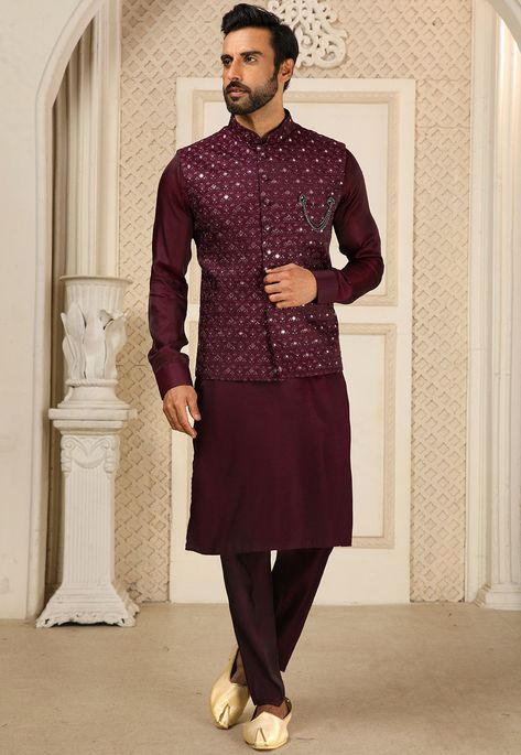 Art Silk Kurta in Wine This Readymade attire is Enhanced with Brooch, Buttons, Mirror Effect, Resham and Sequins Work and is Crafted in Chinese Collar Neck and Full Sleeve Available with an Art Silk Aligarhi Pant in Wine and an Art Silk Nehru Jacket in Wine Do note: Footwear shown in the image is for presentation purposes only. Half to one inch may vary in measurement. (Slight variation in actual color vs. image is possible) Kurta Paijama Jacket For Men, Wine Kurta For Men, Kurta Designs Men's, Wedding Fits, Wedding Kurta, Wedding Kurta For Men, Groom Dress Men, Gents Kurta Design, Wedding Waistcoats