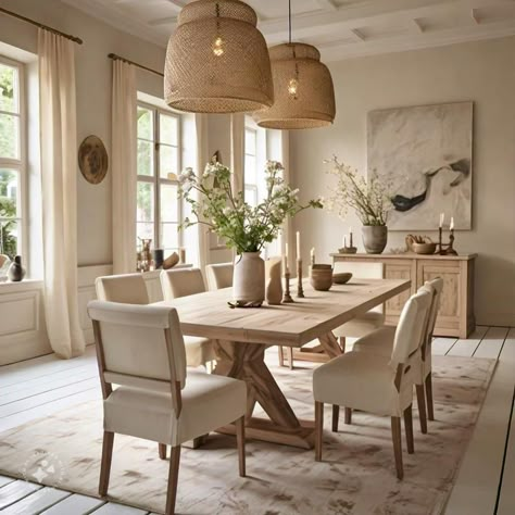 Beige Dinner Room, Light Beige Dining Room, Dining Room Off Living Room, Dining Room Neutral Decor, Beige Aesthetic Dining Room, Dining Room Decor Neutral, Natural Modern Dining Room, Dining Room In Front Of House Entryway, Dining Room Modern Organic