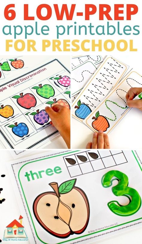 Printable Apple Activities for Preschoolers - Stay At Home Educator Apple Math Preschool, Apple Literacy Activities, Apple Math Worksheets, Math Worksheets For Preschool, Math Apple Activities, Apple Literacy, Apple Theme Activities, Apple Games, Pumpkins Preschool