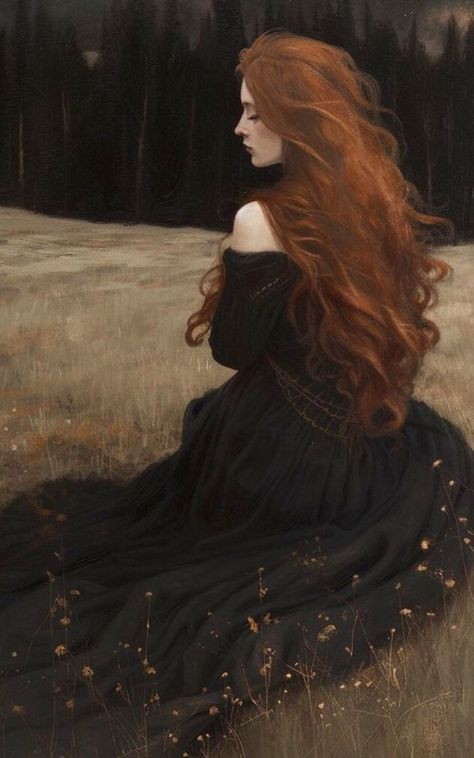 Ethereal Woman Painting, Heathercore Aesthetic, Redhead Witch Aesthetic, Ginger Woman Art, Pre Raphaelite Aesthetic, Red Head Painting, Medieval Redhead, Red Head Character Design, Red Head Witch