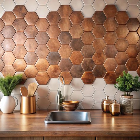 Handmade One Large Piece Copper Tile Backsplash, Kitchen Tile, Fireplace Tiles, Home Decor, Kitchen Decor, Unique Decor, Housewarming Gift, Hexagonal tile, Home Renovation and Interior Design, Custom Backsplash, Renovation Supply, Gift for Homeowner, Handcrafted Tile ✔ Enjoy naturalness and quality with our handmade and 100% pure copper products! 🌟 Handmade Copper Hexagon Tiles - Special Design These magnificent copper hexagonal tiles are a handmade work of art, carefully designed and handcraft Copper Kitchen Tiles, Crystal Backsplash Kitchen, Copper Penny Tile Backsplash, Copper And Silver Kitchen, Copper Kitchen Backsplash Ideas, Copper Home Accents, Kitchen Hexagon Backsplash, Copper Accents Kitchen, Navy And Copper Kitchen