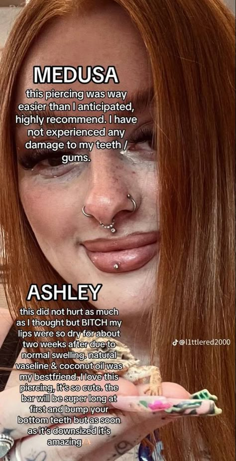 Feminine Piercings Face, Female Face Piercings, Unique Face Piercings, Ashley And Medusa Piercing, Medusa Piercing Small Lips, Cute Facial Piercings For Women, Medusa And Ashley Piercing, Medusa Piercing Scar, Medusa Piercing Black Women