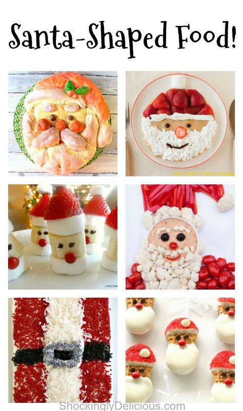 Santa-Shaped Food: There’s always room for a splendid Santa at the table anytime during December, whether for breakfast, lunch, appetizer or dessert! Collection of recipes to help you put Santa-ize your meals. #shockinglydelicious #santafood #santashape #santarecipes #Christmasrecipes Santa Claus Veggie Tray, Reindeer Shaped Food, Santa Shaped Food, Santa Appetizers Holidays, Santa Dessert Ideas, Santa Themed Food, Santa Food Ideas, Christmas Shaped Food, Santa Appetizers