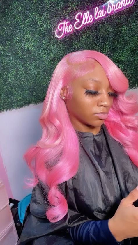 Cotton Candy Pink Lace Front Wig, Deep Side Part With Curls, Cotton Candy Pink Wig, Side Part With Curls, Cotton Candy Pink Hair, Wig Installs, Pink Wigs, Deep Side Part, Girl Hair Colors