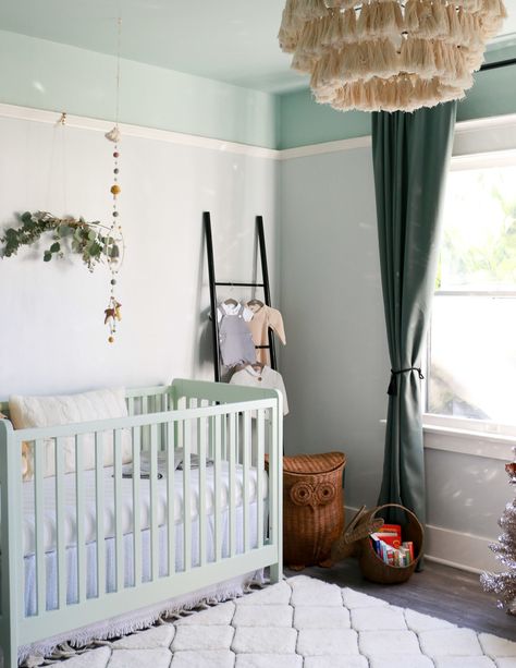 How to Decorate With Two-Tone Walls - Woodland Nursery Decor with a painted ceiling in Headspace by Clare and Chill by Clare  #paint #paintcolors #nurserydecor #woodlandnursery #nurserycolors Ceiling Paint Colors, Nursery Makeover, Two Tone Walls, Mint Green Walls, Restful Bedrooms, Blue Green Paints, Kids Room Paint, Green Paint Colors, Room Paint Colors