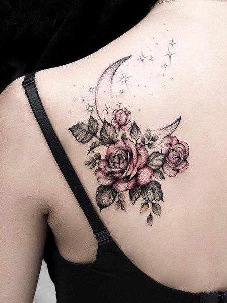 20 Unforgettable Moon Tattoos for Women in 2020 - The Trend Spotter Flower Tattoos On Shoulder, Tattoos On Shoulder, Simple Tattoos For Women, Yang Tattoo, Beautiful Flower Tattoos, Moon Tattoo Designs, Inspiration Tattoos, Neck Tattoos, Forearm Tattoo Women