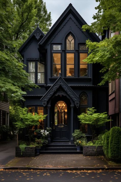 Grunge House Aesthetic Exterior, Gothic Small House, Gothic Tiny Home, Soft Goth Autumn House, Black Cottage Exterior, Black Houses Aesthetic, Modern Gothic Home Exterior, Gothic Front Porch, Modern Gothic House Interior