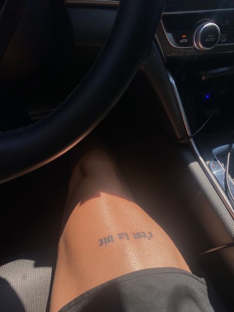 Word Tattoo On Thigh, Tatoos Men Thigh Ideas, Mens Simple Thigh Tattoos, Thigh Tats Men Simple, Small Leg Tattoo Men Ideas, Guy Tattoos Thigh, Men Upper Leg Tattoo, Guys With Thigh Tattoos, Leg Small Tattoo