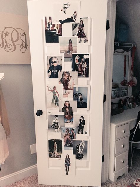 Closet Door Photo Collage, Closet Door Decoration Ideas, Closet Door Decor, Vogue Bedroom, Door Room Decor, Room Door Decor, Door Collage, Bedroom Door Decorations, Photo Walls Bedroom