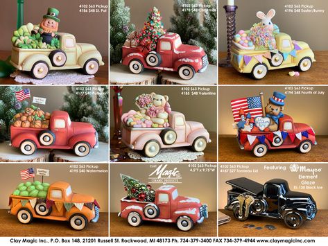 Clay Magic - Catalog - Page 262 Scarecrow Hay Bale, Ceramic Christmas Gnome Painting Ideas, Little Tykes Christmas Truck, Truck Art On Pottery, Clay Magic Ceramics, Painting Ceramic Truck With Christmas Tree, Ceramic Truck, Bisque Ceramics To Paint, Pin Lights