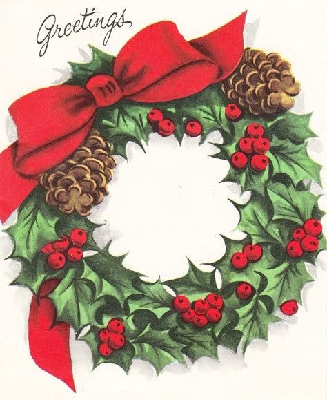 Wreath Illustration Christmas, Christmas Watercolors, Christmas Wreath Illustration, Vintage Christmas Wreath, Wreath Illustration, Christmas Papers, Christmas Ephemera, Vintage Christmas Images, Christmas Retro