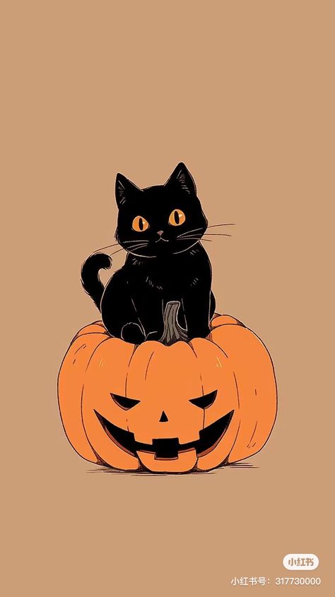 Black Cat In A Pumpkin, Black Cat Autumn Leaves, Cat With Pumpkin Drawing, Autumn Cat Drawing, Cat In Pumpkin Drawing, Halloween Wallpaper Black Cat, Halloween Black Cat Wallpaper, Autumn Illustration Wallpaper, Fall Cat Aesthetic