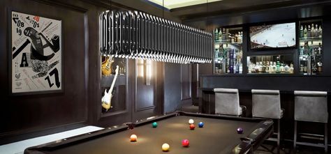 Delightfull - Unique Lamps in Projects | New York Design Agenda Snooker Club Interior Design, Snooker Table Lighting, Modern Pool Table Room With Roond Chandelier, Neon Billiards, Luxury Billiard Table, Snooker Room, Pool Table Room, Game Room Basement, Inspired By