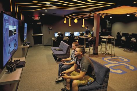 Play Station Room Interior Design, Gaming Zone Interior Design, Game Center Design Ideas, Gaming Lounge Interior Design, Playstation Room Design, Game Room Sofa, Game Room Layout, Playstation Shop, Gaming Cafe