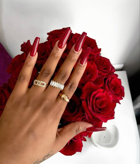 Red Nails On Black Women, Deep Red Acrylic Nails, Long Red Almond Nails, Trending Red Nails, Pretty Red Nails Acrylic, Red Glossy Nails, Red Nails On Dark Skin, All Red Nails, Red Nails Black Women