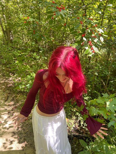 Red Hair Boho Style, Pink Hair Red Dress, Bright Red Hair Outfits, Red Hair Outfits Summer, Red Hair Outfits Aesthetic, Red Hair Pink Outfit, Red Hair Fits, Outfits For Red Hair, Fairy With Red Hair