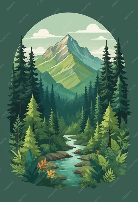 Premium Vector | A mountain stream with a river and mountains in the background River Drawing, Mountain Mural, Mountain Background, Mountain Illustration, Tshirt Illustration, Minecraft Plans, Mountain Stream, Mountain River, Mountain Life