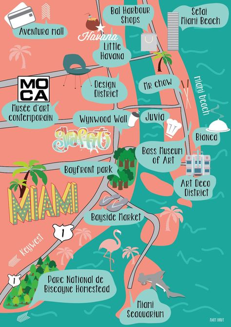 Miami Honeymoon, Places In Miami, Travelling Places, Miami Map, Travel Miami, Texas Spring, Miami Lifestyle, Illustration Map, Miami Trip