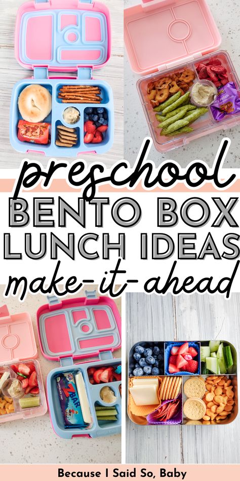 Preschool Bento Box Lunch Ideas | make-ahead lunchbox ideas | easy lunch ideas for preschoolers! #preschool #bento #box #lunchbox #lunch #ideas #easy #healthy #makeahead via @becausebaby Picky Preschool Lunches, Lunch Box Preschool, Easy Toddler Packed Lunch, Healthy Lunch Ideas For Kindergarteners, Preschool School Lunch Ideas, Kids Meal Prep Lunch Boxes, Easy Toddler Lunches For School, Bento Box Lunch For Preschoolers, Pre K Bento Lunch Ideas