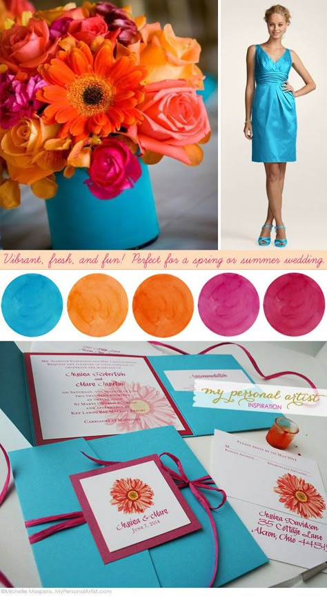 painted wedding ideas | Daisy & Summer Wedding Color Love | Unique Wedding Invitations ... Wedding Colors Summer, Boda Mexicana, Summer Wedding Colors, Brides Magazine, Teal Orange, Wedding Color Palette, Orange And Turquoise, Unique Wedding Invitations, Summer Wedding Dress