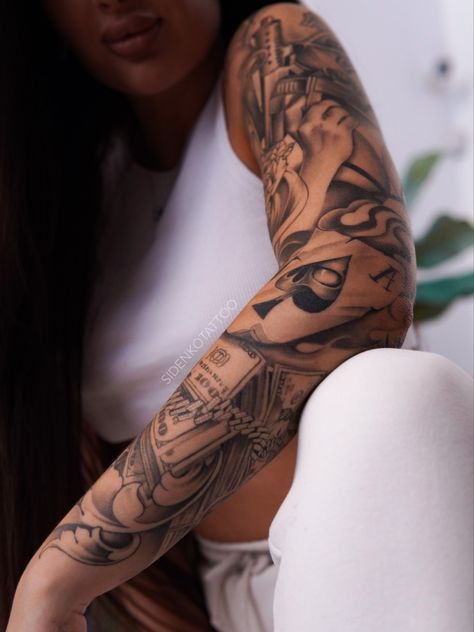 Sidenkotattoo Women's Arm Sleeve Tattoo, Upper Arm Tattoos For Women Sleeve, Women Sleeve Tattoo Ideas, Half Sleeve Tattoo Upper Arm, Inside Of Arm Tattoo, Arm Sleeve Tattoos For Women, Chicano Style, Girl Arm Tattoos, Cute Hand Tattoos