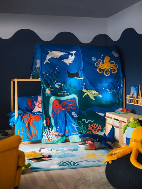 Ocean Bedroom Kids, Kura Bed Tent, Ocean Inspired Bedroom, Kids Bed Tent, Ocean Bedroom, Soothing Bedroom, Kura Bed, Ocean Room, Under The Water