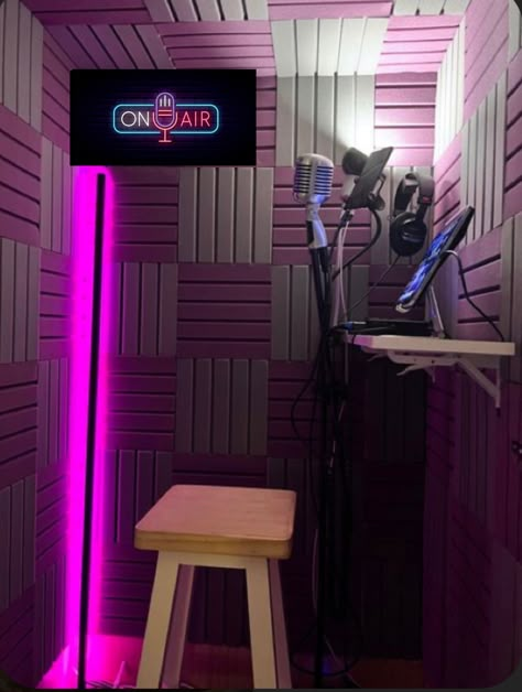 Closet Recording Booth, Recording Studio In Bedroom, Pink Music Studio Aesthetic, Girly Music Studio, Pink Recording Studio, Pink Music Studio, At Home Recording Studio, Attic Music Studio, Home Recording Studio Aesthetic