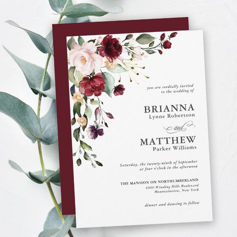 Plum Purple Wedding, Green Floral Wedding, Romantic Wedding Invitations, Wedding Invitations Watercolor, Wedding Burgundy, Popular Wedding Colors, Red Wedding Invitations, Autumn Weddings, Burgundy Wedding Invitations