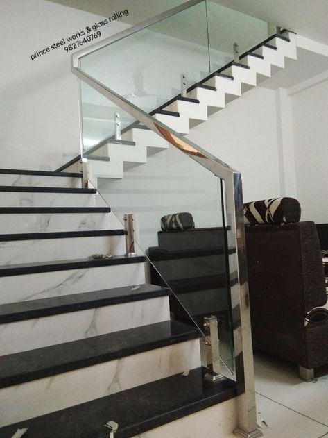 Staircase Glass Railing Design, Stairs Grill Design, Modern Stairs Design, Staircase Glass Design, Ss Railing, Stairs Tiles Design, Glass Staircase Railing, Modern Staircase Design, Indian House Exterior Design