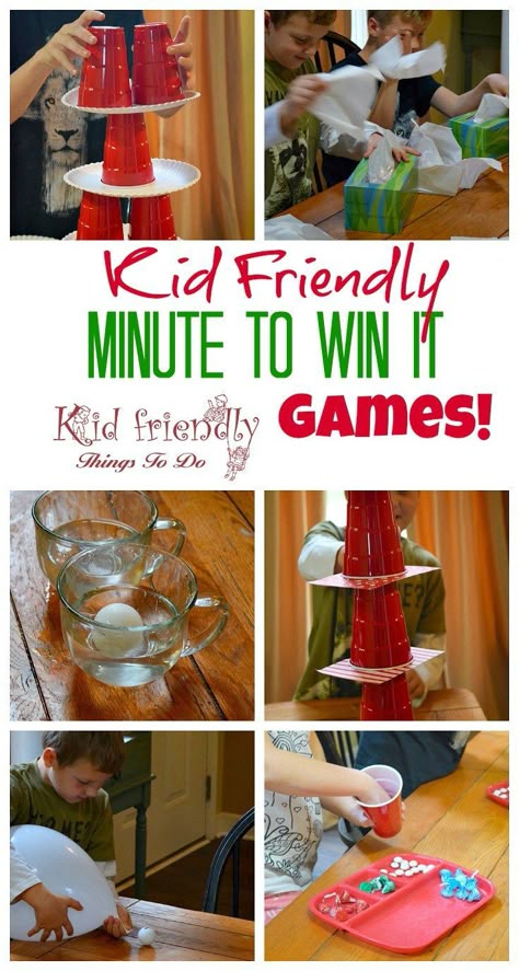 Kid Friendly Easy Minute To Win It Games for Your Party - Simple and fun games for your holiday, school, New Years, or anytime party! http://www.kidfriendlythingstodo.com #minutetowinitgames #familyminutetowinitgames #teenminutetowinitgames #kidminutetowinitgames Kids New Years Eve, New Year's Games, Diy Kids Games, Minute To Win, Christmas Games For Kids, Bloc Party, Minute To Win It Games, Minute To Win It, Holiday Games