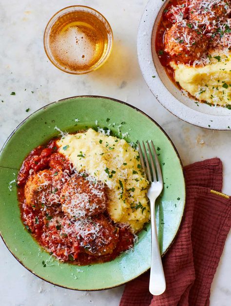 Thomasina Miers’ recipe for meatballs and tomato sauce with double corn parmesan polenta | Italian food and drink | The Guardian Protein Marinades, Meatballs With Polenta, Sage Meatballs, Recipe For Meatballs, Parmesan Polenta, Meatball Ingredients, Classic Recipes, Savory Dishes, Red Sauce