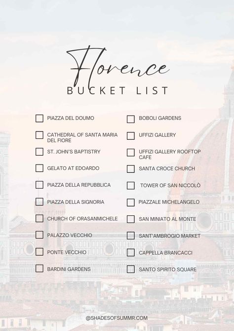 florence bucket list with picture of duomo in background 3 Days In Florence, Italy Travel Florence, Florence Italy Bucket List, Tuscany Bucket List, 3 Days In Florence Italy, Florence To Do List, Florence Itenary, Florence Activities, Pisa Bucket List