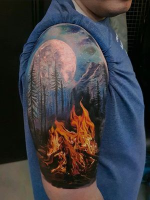 Waterfall Tattoo, Wilderness Tattoo, Scene Tattoo, Nature Tattoo Sleeve, Flame Tattoos, Landscape Tattoo, Forest Tattoos, Fire Tattoo, Shoulder Tattoos