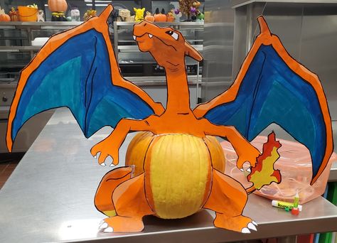 Charmander Pumpkin Painting, Pokemon Pumpkin Decorating Ideas, Pokémon Painted Pumpkin, Charmander Pumpkin, Charizard Pumpkin Painting, Charizard Pumpkin, Dinosaur Pumpkin Decorating Ideas, Dragon Pumpkin Decorating, Pokemon Pumpkin Painting