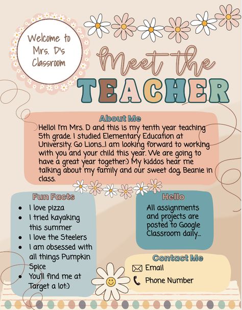 Meet The Teacher Templates | Editable Boho Daisy or Barbie Boho Theme 5 versions #thriftyfrugalmom #teachergift #teacherappreciation #cheapgifts #teacher #create #students #gifts. Go for more info 👉https://whispers-in-the-wind.com/top-10-graduation-gift-ideas/?teacher322 Meet The Teacher Template Editable Free, Meet Your Teacher, Teacher Introduction, Student Birthday Gifts, Teacher Decor, Daisy Theme, Classroom Meetings, Winter Picnic, Meet The Teacher Template