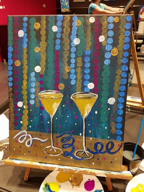 New Years Eve Artwork, New Years Painting Canvas, New Years Canvas Painting Ideas, November Paint And Sip Ideas, New Years Painting Ideas, New Years Painting, Happy New Year Painting, New Year Painting, Couples Canvas Painting