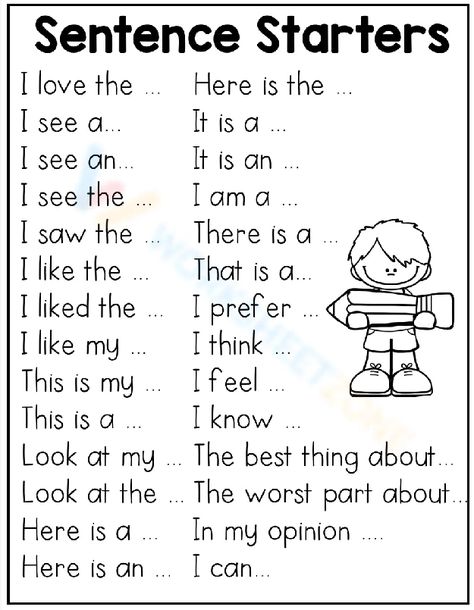 This worksheet provides practice in basic writing skills using sentence starters. Students complete sentences beginning with prompts such as "I love the..." and "I see a..." #backtoschool #welcome #sentencestarters #writingprompts #handwriting #preschool #kids #writing #ela #freeprintables #pdfs #worksheets Beginning Sentence Writing, Basic Sentences In English For Kids, First Sentence Ideas, 1st Grade Sentence Writing, I See Worksheet, Dictation Sentences First Grade, Sentence Starters Writing, Building Sentences Worksheets, Sentence Starters Prompts