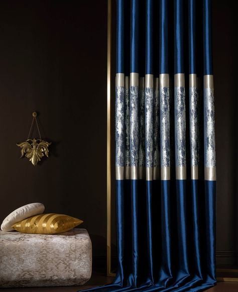 Blue And Gold Curtains, Color Block Curtains, Navy Blue Curtains, Extra Long Curtains, Gold Curtains, Luxury Curtains, Behind The Curtain, Long Curtains, Blue Curtains