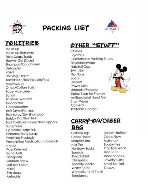 Cheer Camp Necessities, Summit Packing List Cheer, Cheerleading Packing List, Cheer Packing List Competition, Uca Cheer Camp Packing List, Cheer Comp Checklist, Cheer Travel Checklist, Cheer Camp Essentials, Cheer Competition Bag Checklist