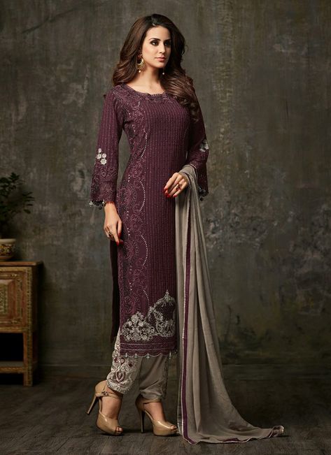 Purple Embroidered Straight Pant Suit Wine Colour Combination Dress, Wine Colour Combination, Party Salwar Kameez, Bollywood Suits, Salwar Kameez Online Shopping, Celana Fashion, Wine Colour, Designer Salwar Suits, Utsav Fashion