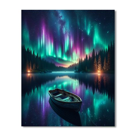 Capture the mesmerizing beauty of the Northern Lights with Aurora Lakeside Whisper. This artwork features a tranquil lake reflecting the vibrant dance of green and purple lights in the night sky. A small wooden boat floats gently on the water, adding a sense of solitude and peace. Perfect for those who seek to bring the magic of natures nighttime display into their home, this piece is ideal for a bedroom or meditation space, offering a calming influence and a touch of natural wonder.What's in th Northern Lights Painting Acrylic, Aurora Borealis Painting, Purple Lights, Northern Lights Painting, Colour Art, Mesmerizing Beauty, Paint Night, The Northern Lights, Meditation Space