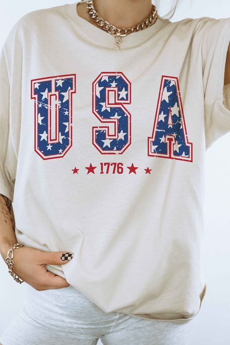 A Trendy 4th of July Shirt, Vintage 4th of july Tee Soft and perfect for summer. A retro 4th of July Shirt, perfect as an outfit for our independence day. Merica fourth of July Tshirt Q U I C K * F A C T S * ♥️ 100% Soft cotton ♥️Design is high quality digital print ♥️ Wash and dry normally. Do not iron directly on the print. * S I Z I N G * ♥️ Sizing is unisex so runs like men's ♥️Most women find their typical size works best. ♥️ Please see size guide in last listing photo for all measurements Forth Of July Shirts Women, Usa Shirt Ideas, Cute Fourth Of July Shirts, Red White And Blue Shirts, 4th Of July Dresses, 4th Of July Shirts, Merica Shirt, Plus Jumpsuit, Fourth Of July Shirts