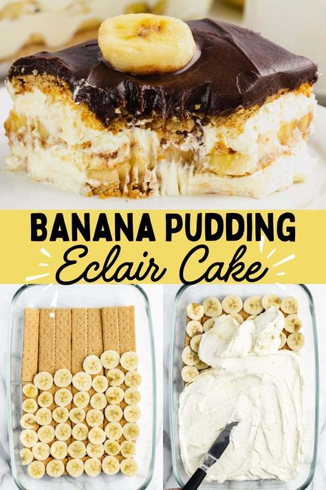 This is the best Banana Eclair Cake recipe ever! It’s filled with layers of creamy pudding and fresh fruit sandwiched between sheets of graham crackers, then covered with chocolate fudge frosting for a delicious no bake dessert. Banana Eclair Cake, Banana Eclair Dessert, Desserts With Banana Pudding, Lemon Eclair Cake No Bake, Banana Split Dessert With Pudding, Pudding Graham Cracker Dessert, Banana Lush Dessert, No Bake Peanut Butter Eclair Cake, Banana Pudding With Graham Crackers