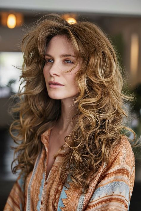 Achieve effortless style with this tousled waves Fall haircut featuring long layers. Perfect for adding movement and texture, this autumn hairstyle is versatile enough for both casual and formal occasions, making it a go-to choice for the season. Haircut With Long Layers, Trendy Curls, Curls Ideas, Fall Haircut, Curly Hair Dos, Rich Brunette, Fall Hair Cuts, Tousled Waves, Colored Curly Hair