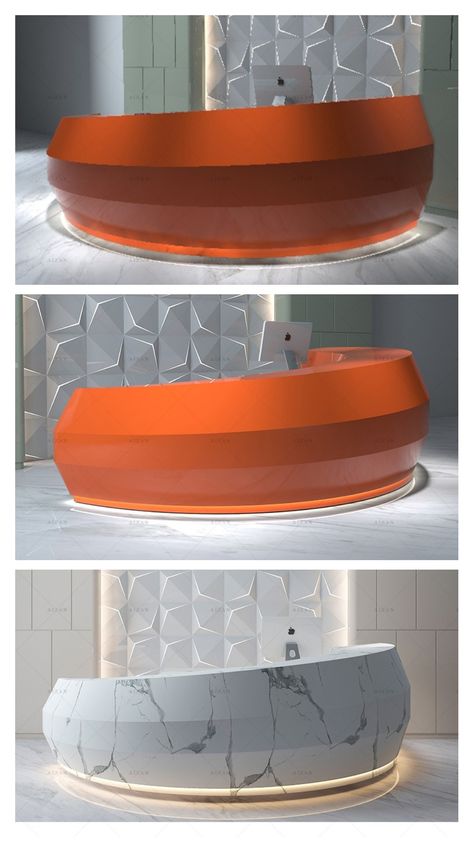 #receptiondesk #frontdesk #informationdesk #receptioncounter #furniture #officefurniture Retro Reception Desk, Orange Reception Desk, Reception Desk Sketch, Circular Reception Desk, Front Desk Counter, Round Reception Desks, Hotel Reception Desk, Counter Desk, Hotel Reception