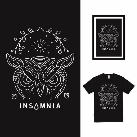 Owl insomnia line art t shirt design Pre... | Premium Vector #Freepik #vector #t-shirt #bird #animal #shirt Owl Eyes Logo, Money Logo, Animal Hunting, Kaos Oblong, Owl Vector, Owl Books, Retro Graphic Design, Eye Logo, Owl Card