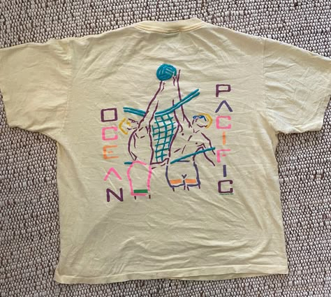 VTG Ocean Pacific OP Beach Volleyball T-Shirt, Neon, 1998, Puff Paint. Shirt is pale yellow color. Awesome, fun and super rare shirt. Amazing condition with no rips or stains. Puff Paint Shirt, Puff Paint Shirts, Modern Memphis, 80s Sport, Paint Shirt, 90s Sport, Volleyball Tshirts, Shirt Inspiration, Shirt Logo Design